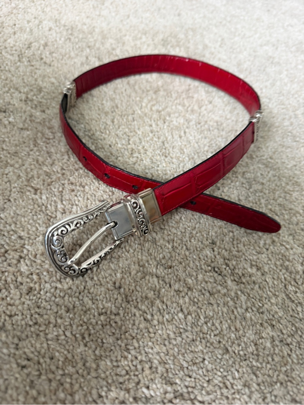 Brighton Red Croc-Embossed Leather Belt with Decorative Silver Buckle